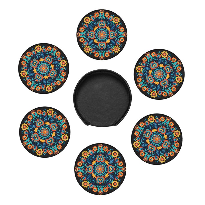 Famame 6 Pcs Mexican Floral Navajo Pattern Leather Coasters for
