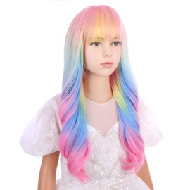 WAVELNM Kids Rainbow Wig Child Long Wavy Curly Wigs Colorful Wig for Girls Kids Multi-color Wig with Bangs Synthetic Wig with Wig Cap