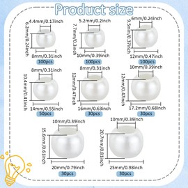 PH PandaHall 450pcs Pearl Beads Large Hole Beads 8 Sizes 8-25mm Simulated Pearls Bracelet Necklace Craft Materials DIY Handmade Accessory Parts Craft Supplies White