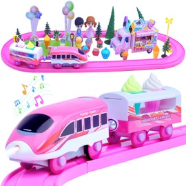 Pink Train Sets for Toddlers|Musical Electric Train Toys with DIY Ice Cream Truck 3D Foam Puzzles Party Scene Building Kit & Dolls for Girls Boys 3-5 Years Old Parent-Child Interaction Birthday Gift