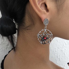 Allereya Vintage Spider Web Drop Earrings Crystal Ruby Spider Dangle Earrings Silver Spider Circle Earrings Exaggerated Spider Earrings Jewelry for Women and Girls