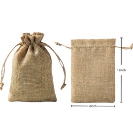 QIANF 12 Pcs Glitter Burlap Gift Bags with Drawstring, 8x12 inch Reusable Large Linen Sacks Gift Pouch for Wedding Party Favors Christmas Grocery Household Kitchen Storage, Brown