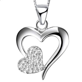 Women's Heart Necklace Made of Genuine 925 Sterling Silver with Round Cut Zirconia, Silver, K615+v12 Gravur "für Dich"