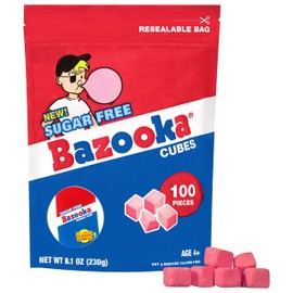 Bazooka Bubble Gum Sugar-Free Chewing Gum Cubes, Bulk in Resealable Bag, 100 Ct in Original Pink Flavor w/Bazooka Joe Comics, Baseball Party Favors, Nostalgic 90s Candy