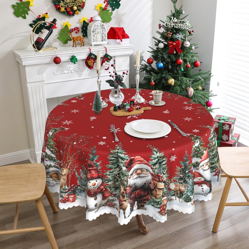 Round Christmas Tablecloth 60 inches - Red Snowman Table Cloth