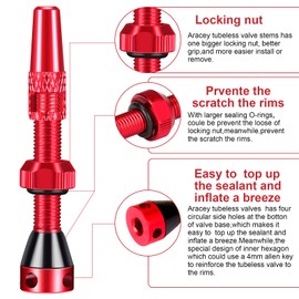 Aracey Tubeless Presta Valve Stems, 36mm Presta Valve Stems with Valve Core Remover Caps - Super Light Alloy - Pair -Multiple Color and Size Options(Red, 36MM)