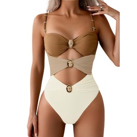 Verdusa Women's Cut Out Colorblock One Piece Swimsuit Ruched Swimwear Bathing Suit Brown Beige Large