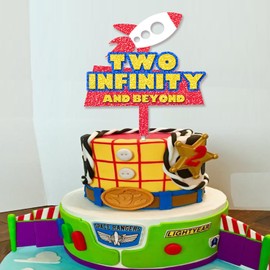 METIXOZE Two Infinity and Beyond Cake Topper Glitter Cartoon Story 2nd Birthday Cake Topper Two infinity and Beyond Birthday Decorations Party Supplies for Boys(Style B)