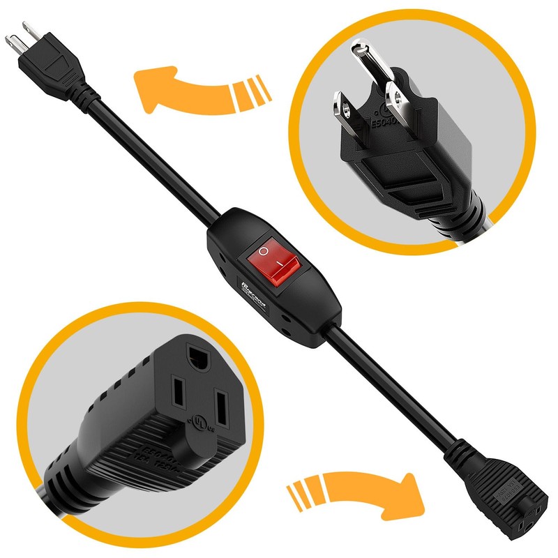 Inline On/Off Switch Extension Cord, Plugrand 3-Prong Household Switchable Power