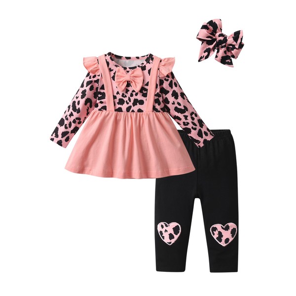 Awxoder Baby Girl Clothes Leopard Print Tops + Heart Pants