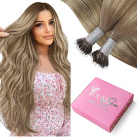 YoungSee Nano Beads Hair Extensions Balayage Nano Ring Hair Extensions Real Human Hair Light Brown Ombre Platinum Blonde Nano Hair Extensions Human Hair 20In 50g/s Nano Tip Hair Extensions for School