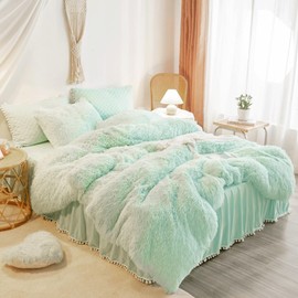 HAIHUA Fuzzy Mint Green Comforter Cover Queen Set, Soft Furry Plush Mint Green Bedding Queen Set 3 Pieces (1 Faux Fur Duvet Cover + 2 Fluffy Pillow Cases) Shaggy Bed Set, Zipper Closure