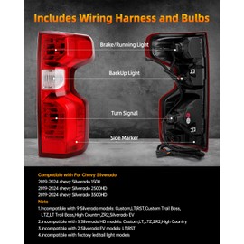 OKLPF Rear Brake Tail Lights Compatible With 2019 2020 2021 2022 2023 2024 Chevy Silverado 1500 2500HD 3500HD,Replacement Red Taillight Assembly,Included Bulbs and Harness,Right Passenger Side