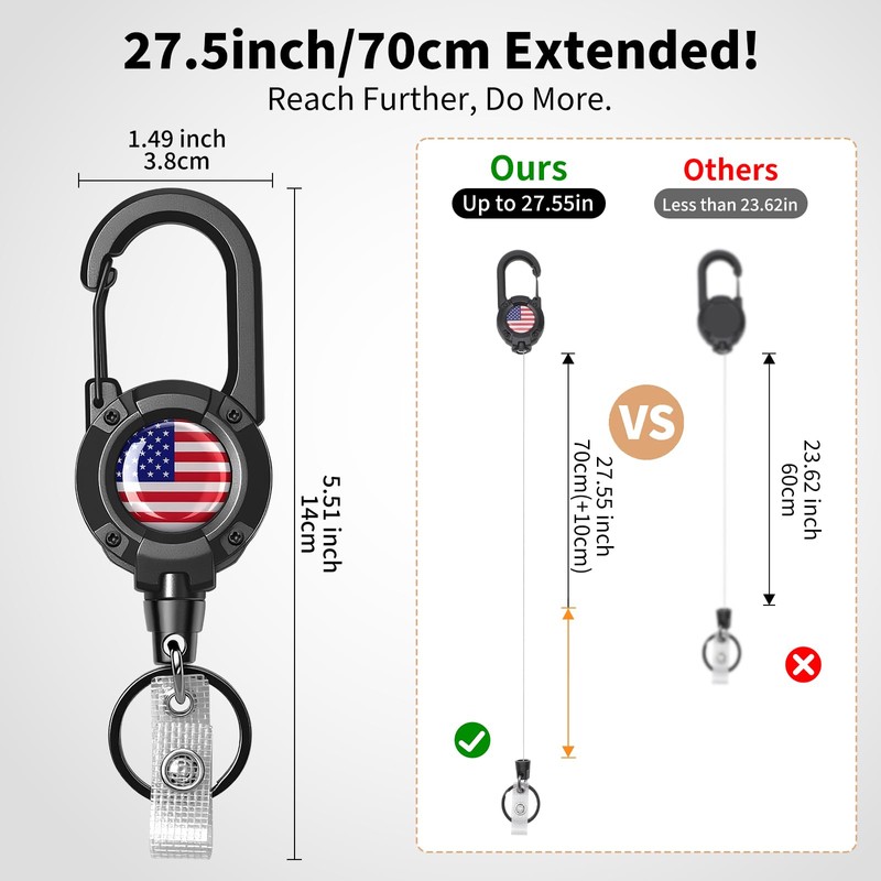 YueMiEcoUS Retractable Keychain Heavy Duty 2 Pack -27.5 inch Extended