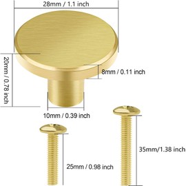 Vandicka 4 Gold Furniture Knobs Cabinet Knobs Drawer Handles, Round Brass Knobs Handles for Kitchen Cabinets Dressers Wardrobes, 28 x 20 mm, with Screws