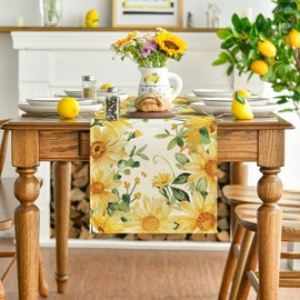 Artoid Mode Eucalyptus Sunflower Floral Summer Table Runner, Yellow Seasonal Spring Kitchen Dining Table Decoration for Home Party Decor 13x72 Inch