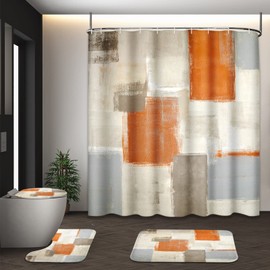 Tayney Orange Grey White Abstract Shower Curtain Set with Toilet Lid Cover and Non-Slip Rugs for Bathroom, Modern Painting Art 4 Pcs Shower Curtain Set, Vintage Bathroom Set with 12 Hooks