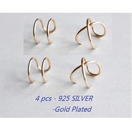 Sterling 925 Silver 4pcs No Piercing Earcuff （2 pcs Double line ，2 pcs Criss Cross ） Simple Gold Plated Fake Helix Ear Cuff Cartilage Earring Color Gold
