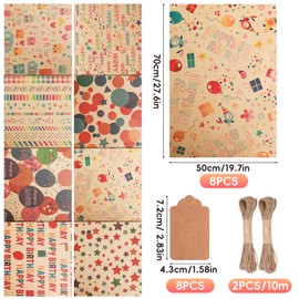 Birthday Wrapping Paper, 8 Sheets Recyclable Gift Wrapping Paper Wrapping Paper sheets plus 8 Tags 2 Jute String 70x50cm Kraft Gift Wrap Birthday Wrapping Paper for Men Women Girls Boys Birthday