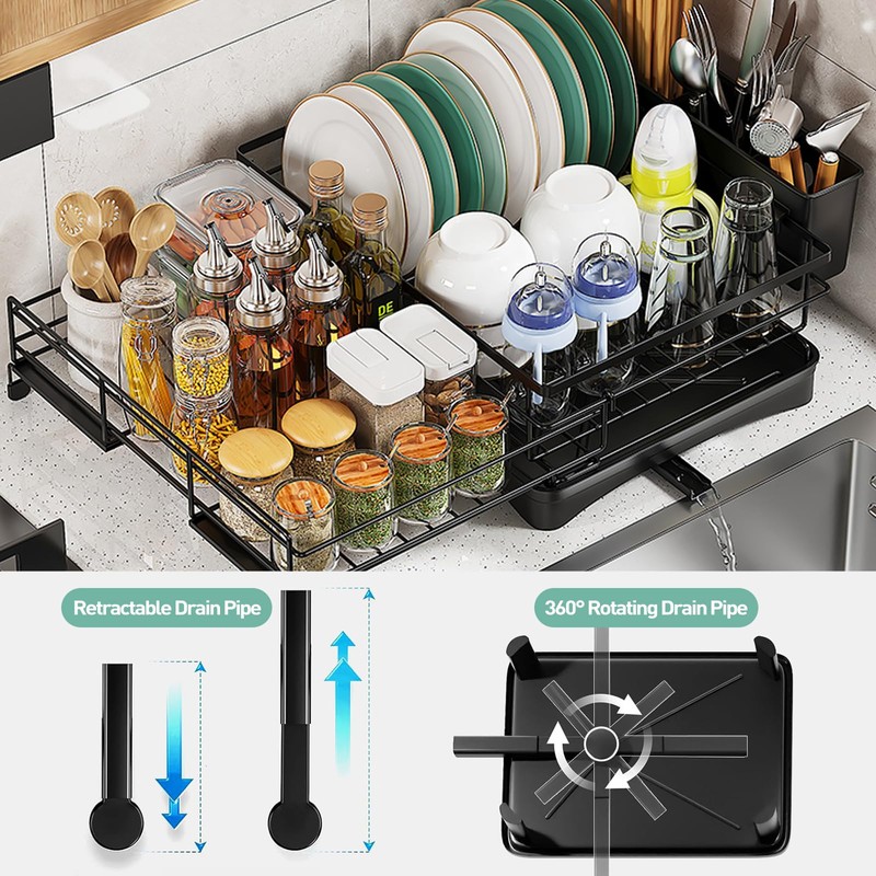 Large Dish Drying Rack,Extendable Dish Rack With Cutlery Holder, Anti-Rust