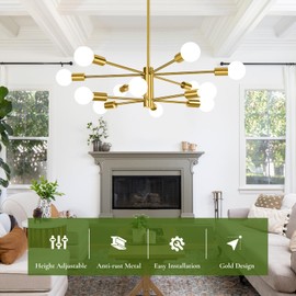 BesLowe 12-Light Modern Sputnik Chandelier, Mid Century Gold Chandeliers Lighting, Farmhouse Ceiling Hanging Light Fixture for Dining Room Bedroom Living Room Kitchen Foyer, Height Adjustable