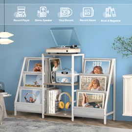 Record Player Stand with Vinyl Storage, Record Player Table with Record Storage 200 Albums, Turntable Stand with Record Holder Vinyl Display Shelf, Record Cabinet Media Stereo (Two-side storage-White)