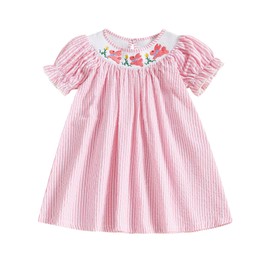 YolanerBaby Toddler Little Baby Girl Easter Bunny Dress Puff Short Sleeve Stripes Smocked Dresses Easter Outfit for Kids (Pink Bunny Floral, 3-4 Years)