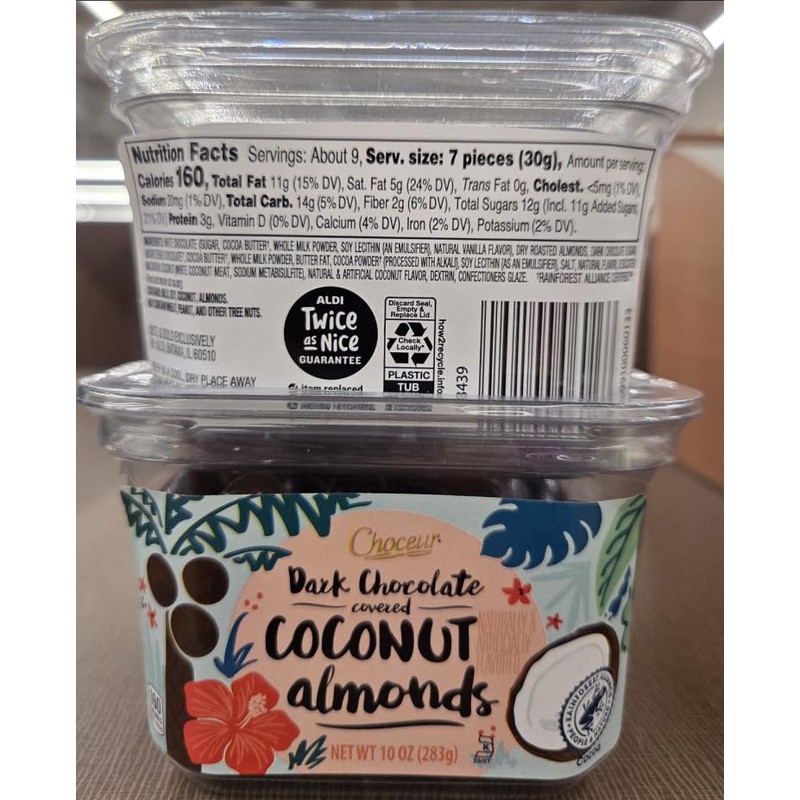 Choceur Dark Chocolate Covered Coconut Almonds 10oz 283g (Single Tub)