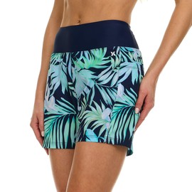Hurley High Waisted Swim Shorts Women, 5" Board Shorts with Pockets & Inner Liner, Quick Dry Bathing Suit Swim Trunk, UPF 50+ Blue Multi