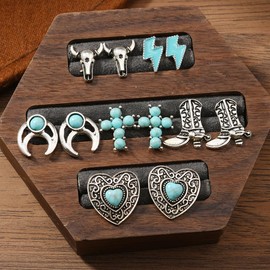 6 Pairs Western Cowgirl Earrings for Women Boho Ox-head Boots Cactus Horse Cross Turquoise Studs Set Small Geometric Turquoise Silver Earrings Vintage Ethnic Statement Western Country Jewelry Gift (D)