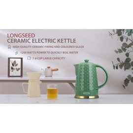 LONGSEED Ceramic Electric Kettle, 1.5L/1200W Boil Water Quickly and Easily with Boil-Dry Protection Auto Shut Off, Detachable Swivel Base, Green Relief Carving