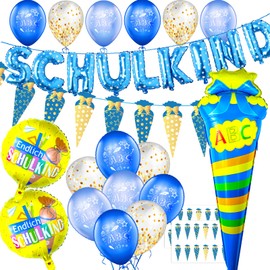Einschulung Deko Set für Junge, Schuleinführung Schulanfang Luftballon Set mit ABC 123 Zuckertüte Motiv, Folienballon Schulkind Girlande, Zuckertüten Banner, Schultüte Konfetti, 3 Folienballon