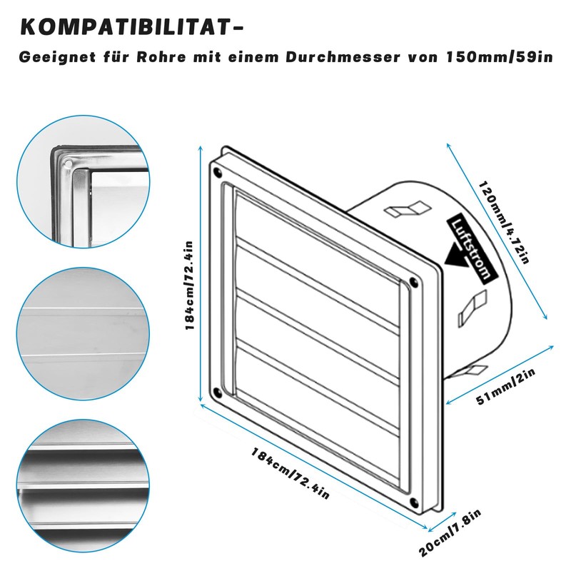 Dazhtu 125 mm Ventilation Grille with Check Flap, Slats and