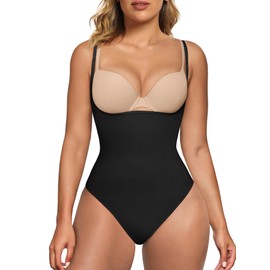 SHAPERX Open Bust Shapewear Damen Bauchweg Nahtlos Abnehmen Bodysuit Sculpting Body Shaper Tanga mit Verstellbarer Schultergurt, UK-SZ5315-Black-L/XL