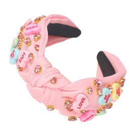 SARATA Valentine’s Day Headband for Women Love Heart Headband Jeweled Crystal Rhinestone Knotted Headband Red Pink Wide Top Knot Headband Valentine’s Day Hair Accessories Gifts (pink letter, medium)