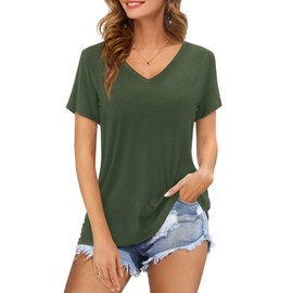 Florboom Women's T-shirt, long-sleeved/short-sleeved V-neck top, summer basic shirt, Millc Olive Green, s
