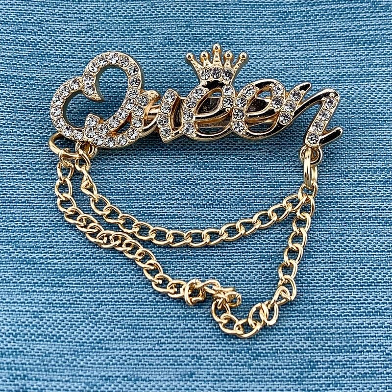 Crystal Crown Queen Brooch Pin with Rhinestones and Double Chain,