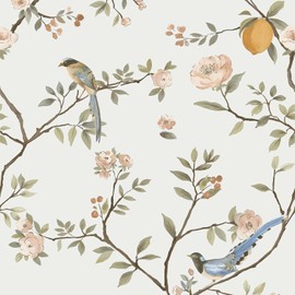 Vintage Lemon Wallpaper Peel and Stick Botanical and Birds 17.32"X118.11" Self Adhesive Contact Paper Removable Waterproof Retro Floral Wall Paper for Room Walls Shelves Cabinet Table Drawer Decor