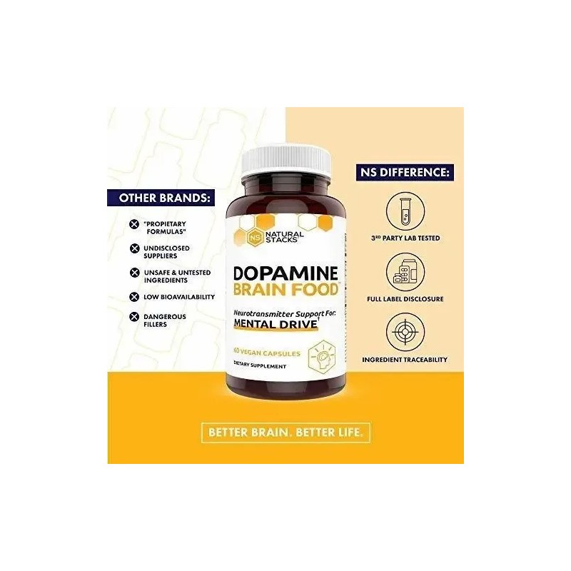 Natural Stacks Dopamine Brain Food 60 Cápsulas Cognitive Supplement L-Tyrosine