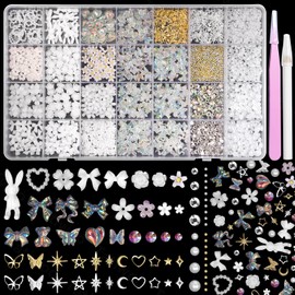 3D Nail Charms White Nail Flower Mix Style Butterfly Rose Bow Hollow Pearl Heart Nails Art Charms with Rhinestones Flatback Pearl Beads for Acrylic Nails Art Manicure DIY