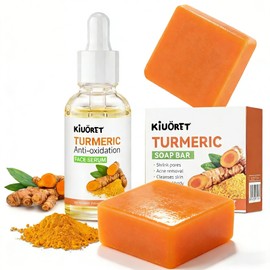 3PCS Turmeric Soap & Serum Set - Turmeric Face Serum + 2 Turmeric Soap Bars with Vitamin C & E - Deep Cleanses Pores, Reduces Acne, Controls Oil, Soothes Skin - Hydrating Facial Kit for All Skins