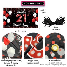 Vicycaty 21st Birthday Decorations Banner Backdrop, Happy 21st Birthday Decor Supplies for Women, Red Black and White 21 Party Photo Props for Outdoor Indoor
