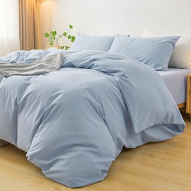 XINMIANFANG 100% Washed Cotton 3 Pieces Duvet Cover Set Linen Touch Natural Wrinkle Comfortable Breathable Durable (King, Cornflower Blue)