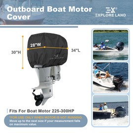 Explore Land Outboard Motor Cover - Waterproof 600D Heavy Duty Boat Engine Hood Covers - Fit for Motor 225-300 HP, Black
