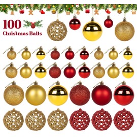 ilauke 100Pcs Christmas Baubles Set, Christmas Balls Shatterproof, Christmas Tree Ornaments, Hanging Christmas Decorations for Xmas Tree, Wedding, Party, Home Decor, Red & Gold