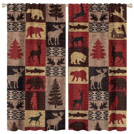 Kazynee Vintage Check Black Bear Blackout Curtains for Bedroom,Rustic Country Farmhouse Cabin Elk Tree Plaid Window Drapes Rod Pocket 2 Panels 84L x 42W