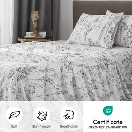 HYPREST Floral Sheets Queen Size,18 inches Deep Pocket Sheets, 1800 Thread Count Black and White Leaf Floral Bed Sheets Soft Breathable Cute Aesthetic Shabby Chic Bed Sheets, Oeko-Tex Certificated.