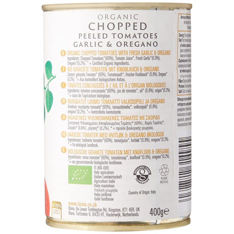 BIONA Organic Chopped Tomatoes with Garlic & Oregano 400g (PACK