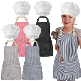 Bunnycool 4 Sets Kids Apron and Chef Hat Set Toddler Adjustable Stripe Cotton Child Aprons with 2 Large Pocket for Children Age 2 to 5 Years Boys Girls Cooking Baking Painting
