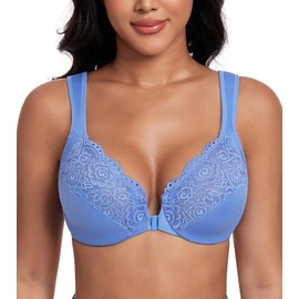 DotVol Women's Front Closure Wide Strap Underwire Bra Lace Plus Size U-Back Unlined Everyday Bra(Aqua-Blue,36F)